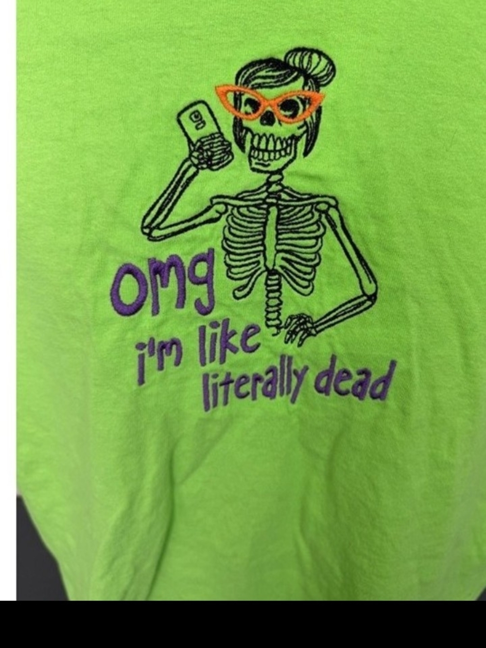 Gildan Lime Green Graphic Tee with Skeleton & Purple Text